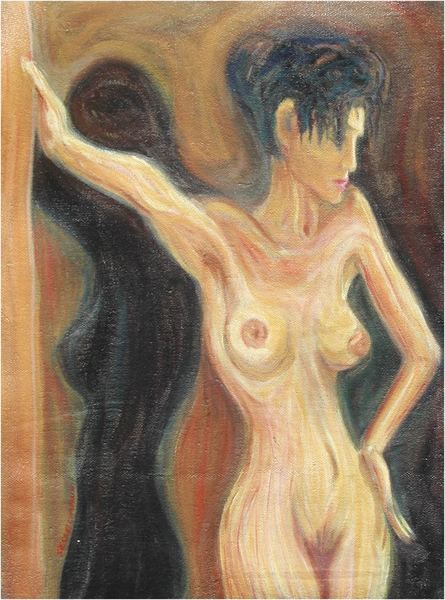 Figure leaning on wall