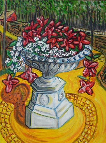 Red flowers in driveway
