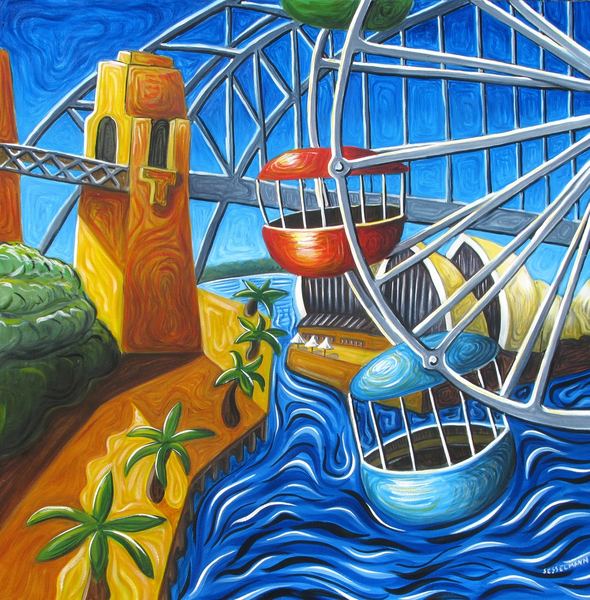 Sydney Harbour through ferris wheel at Luna Park