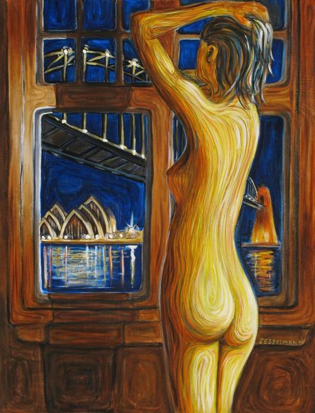 Figure by window  Sydney Harbour