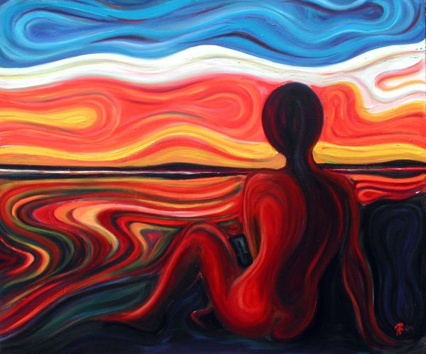 Figure at sunset by water